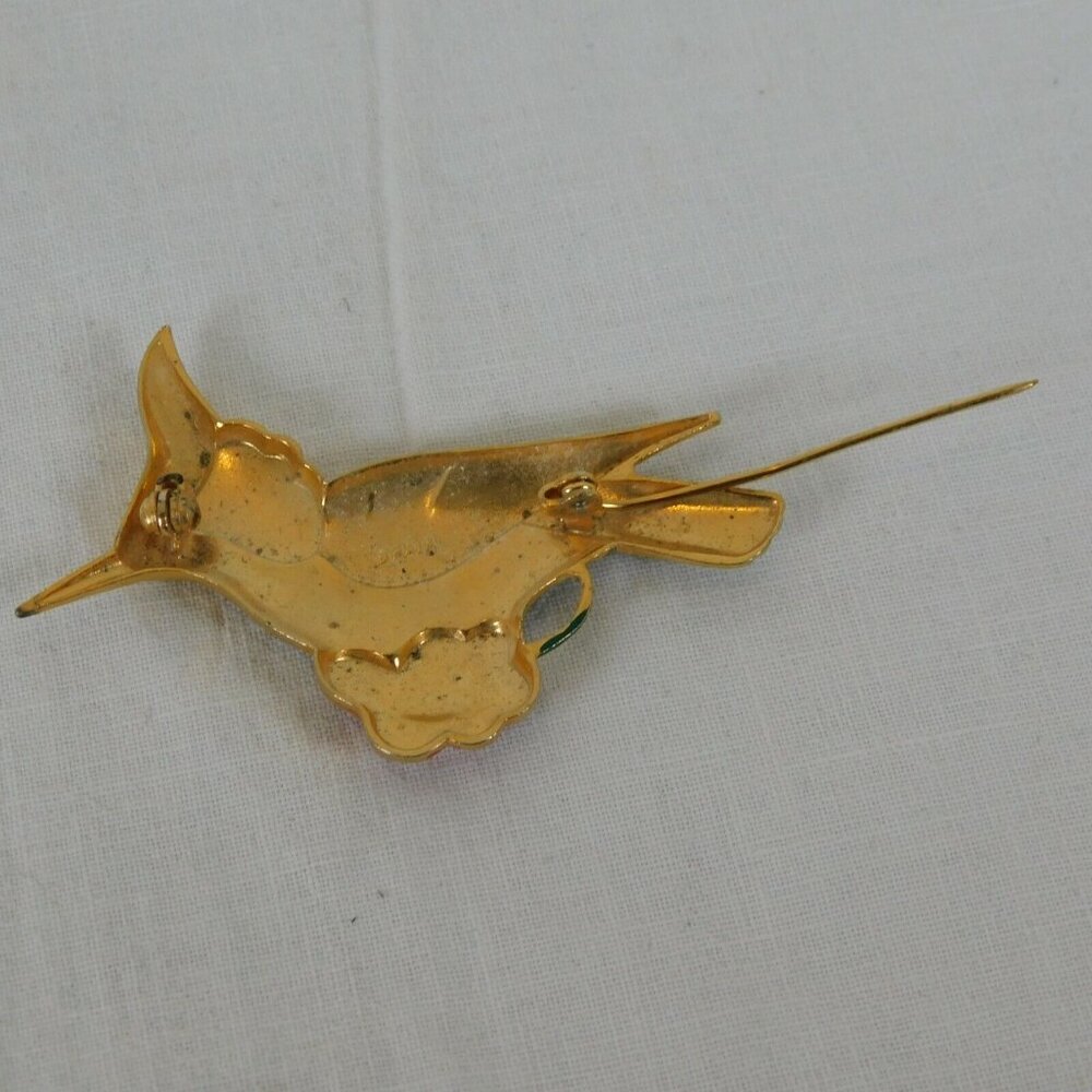 Bird Shaped Gold Tone Enamel Brooch Pin Textured Red Flower Spain 2" FLAW - Picture 7 of 8